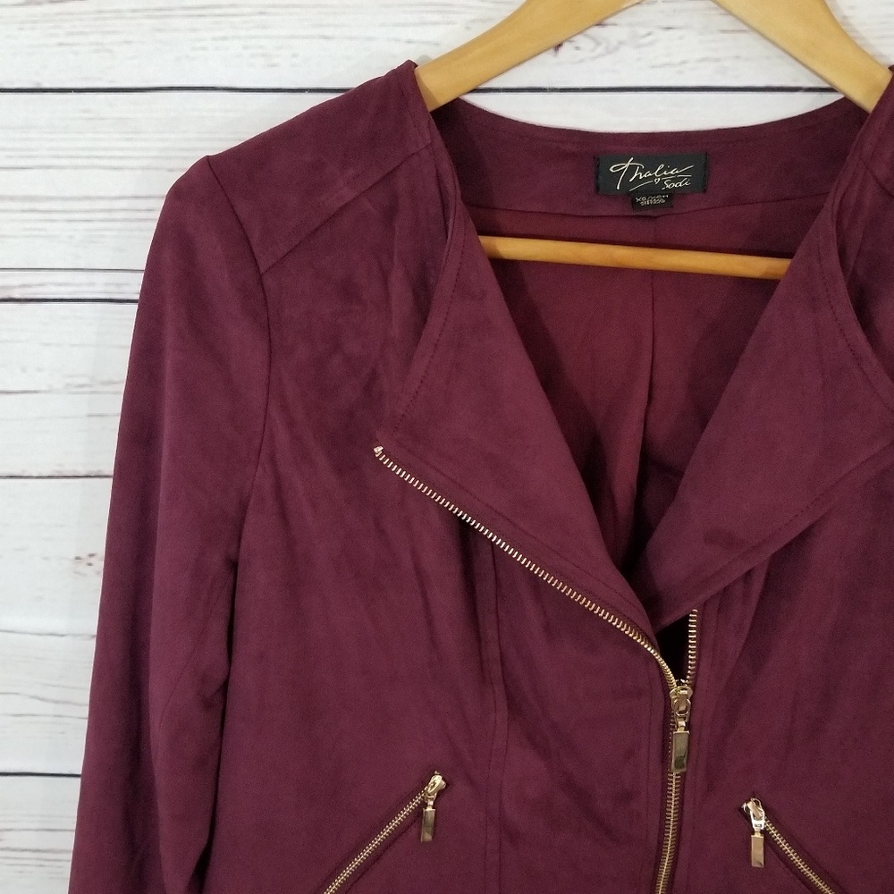 Thalia Jacket Burgundy Small Moto Zip Up Small - Picture 2 of 3